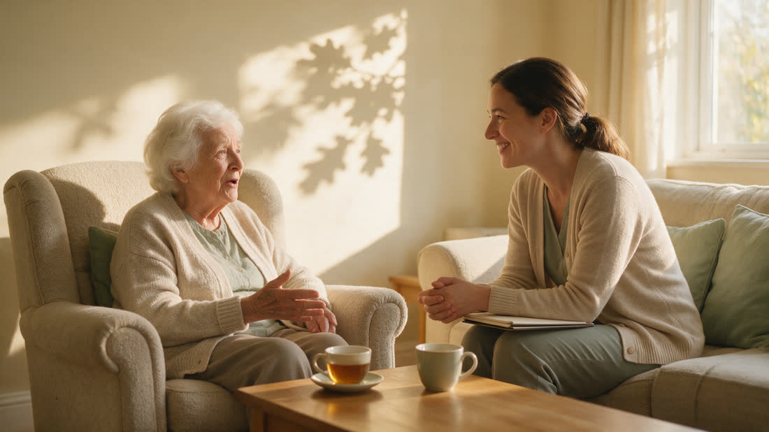A caregiver and an older woman sitting together in a bright living room during a first visit