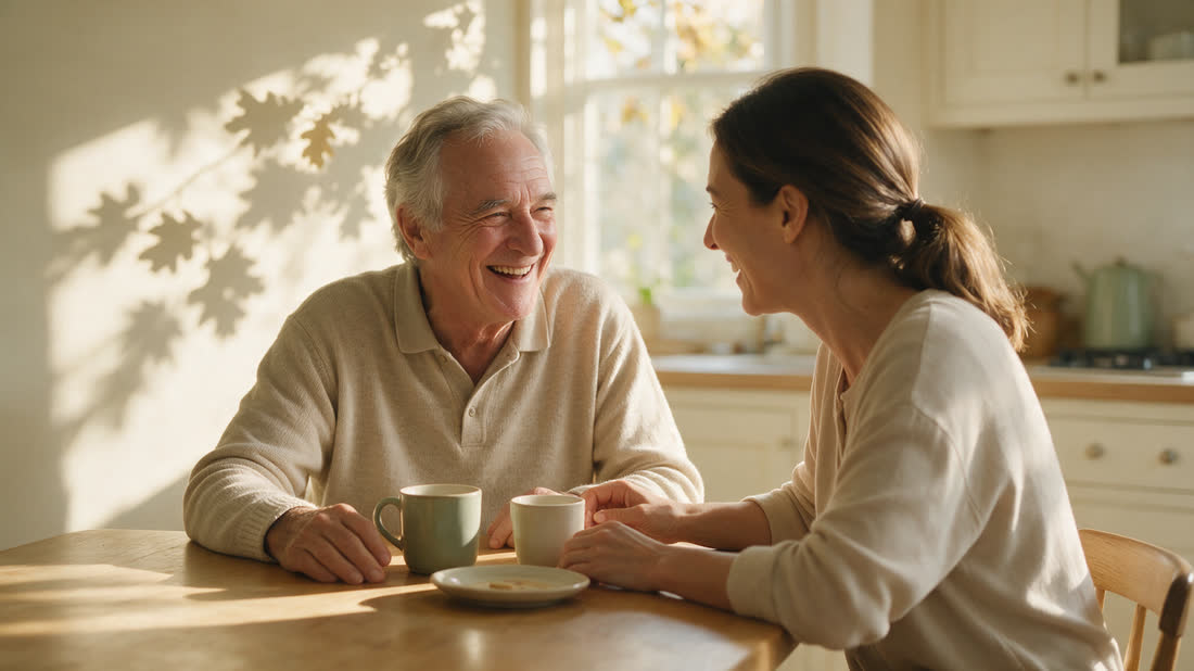 A caregiver and an older man talking warmly at a kitchen table in morning light