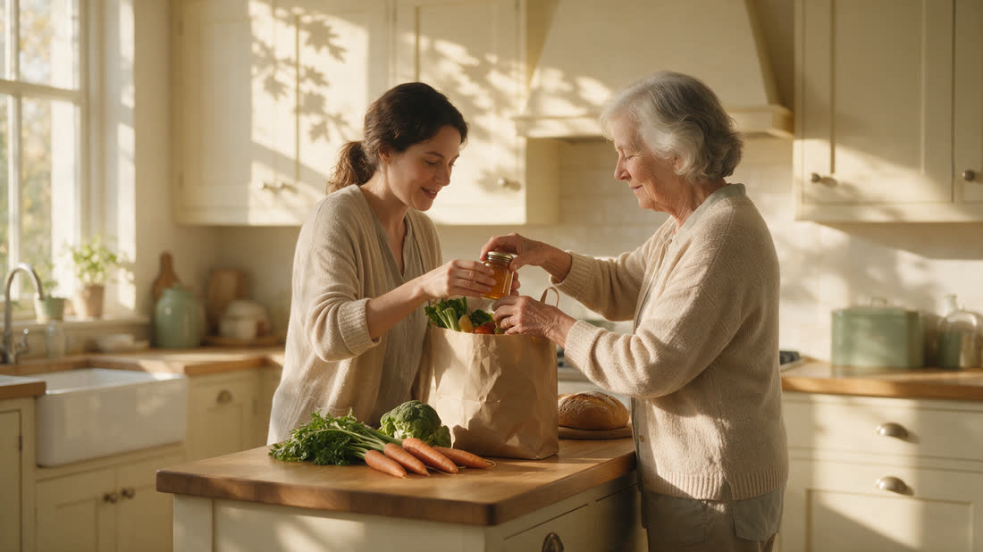 A caregiver helping an older woman with groceries in a sunlit kitchen